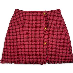 Red Black Houndstooth Tweed Fringe‎ Mini Skirt Medium Whimsigoth Grunge Festival